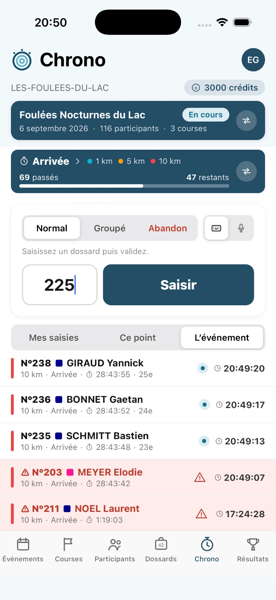 Saisie d'un dossard dans l'application Chrono de Smartiming