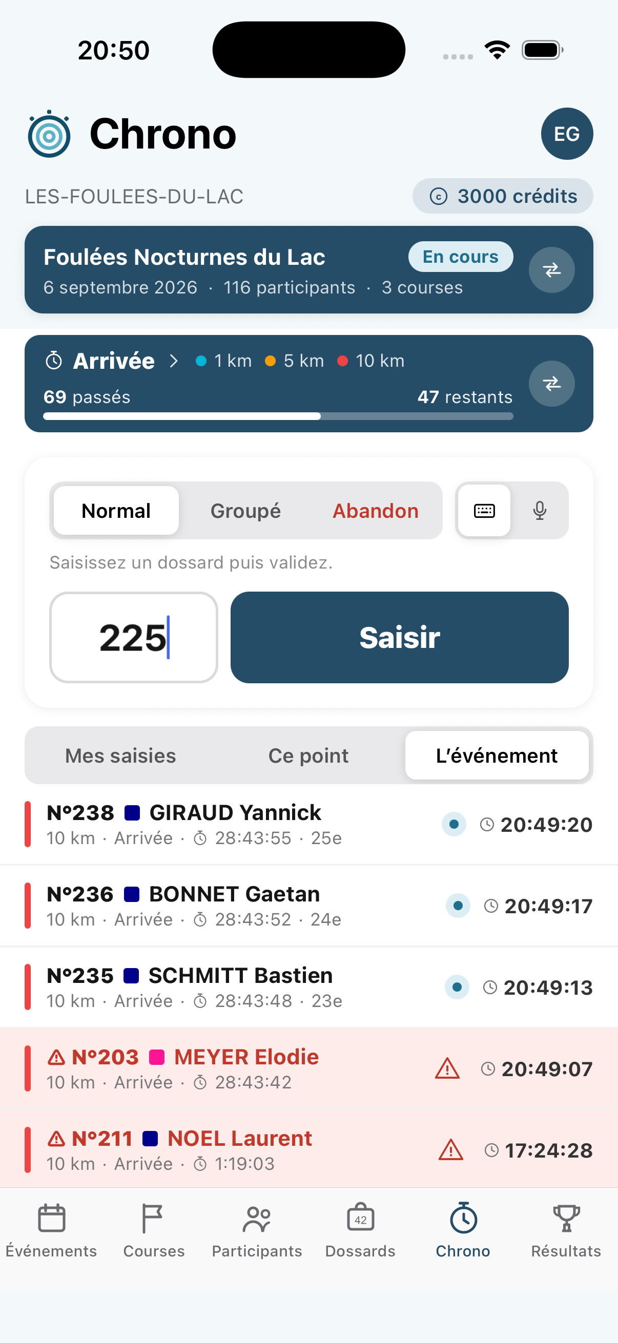 Application Smartiming en mode chronométrage