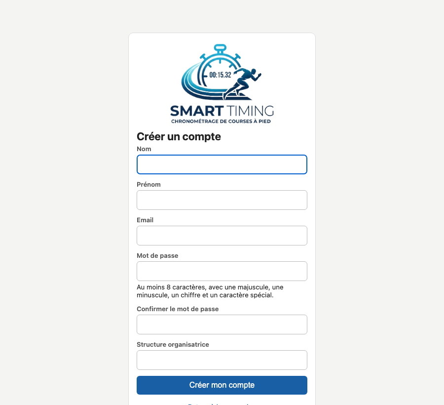 Écran de création de compte
